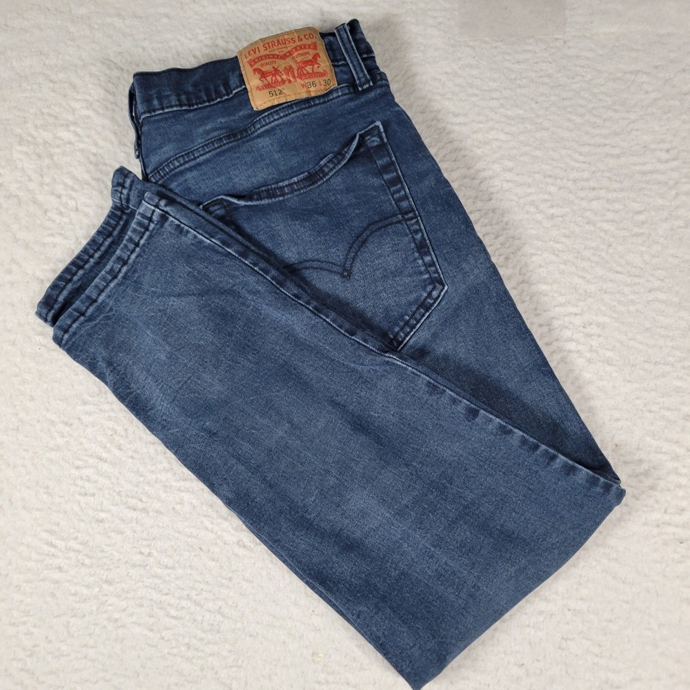Levi's 512 Slim‎ Taper Jeans Mens 36x30(actual 34x27) Dark Blue Stretch Denim